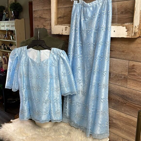 Creative Touch Evening Wear Maxi Skirt Set, Powder Blue , Floral Lace, Size S - Picture 5 of 14